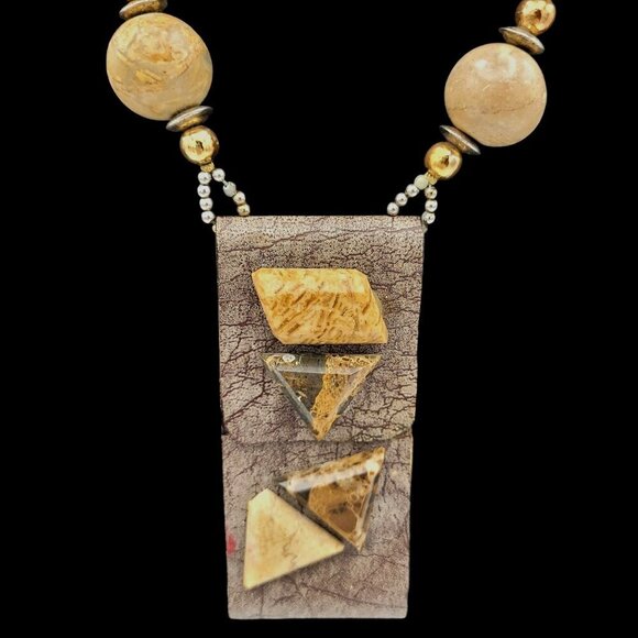 Handcrafted Wood Bead Necklace Leather on Copper Pendant w/ Geometric Stones - Picture 2 of 8